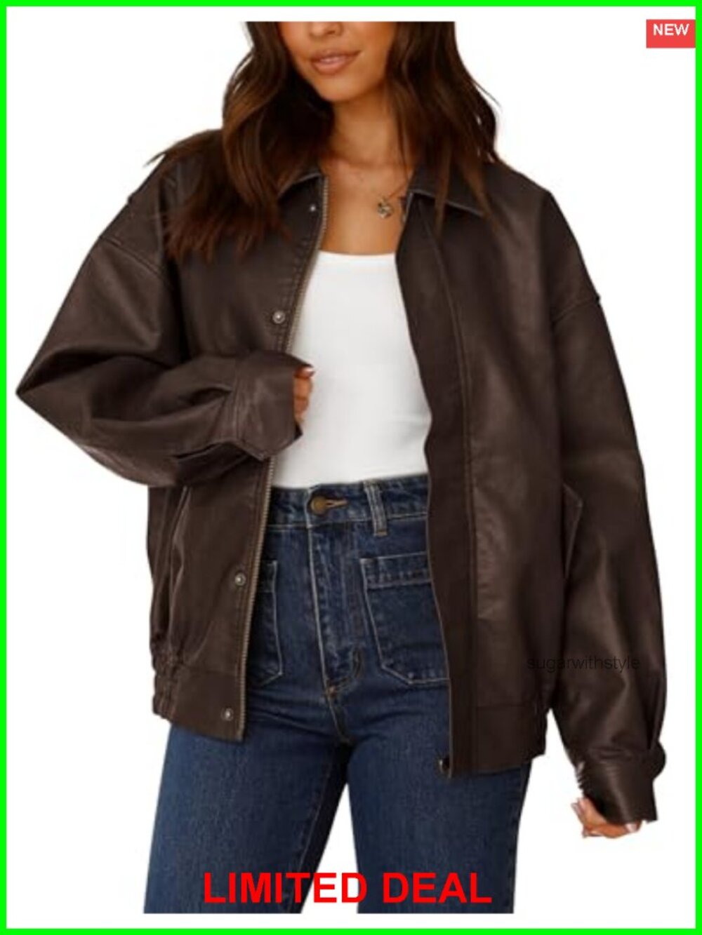 Faux Leather Motorcycle Jacket Oversized Zip Up Biker Coat